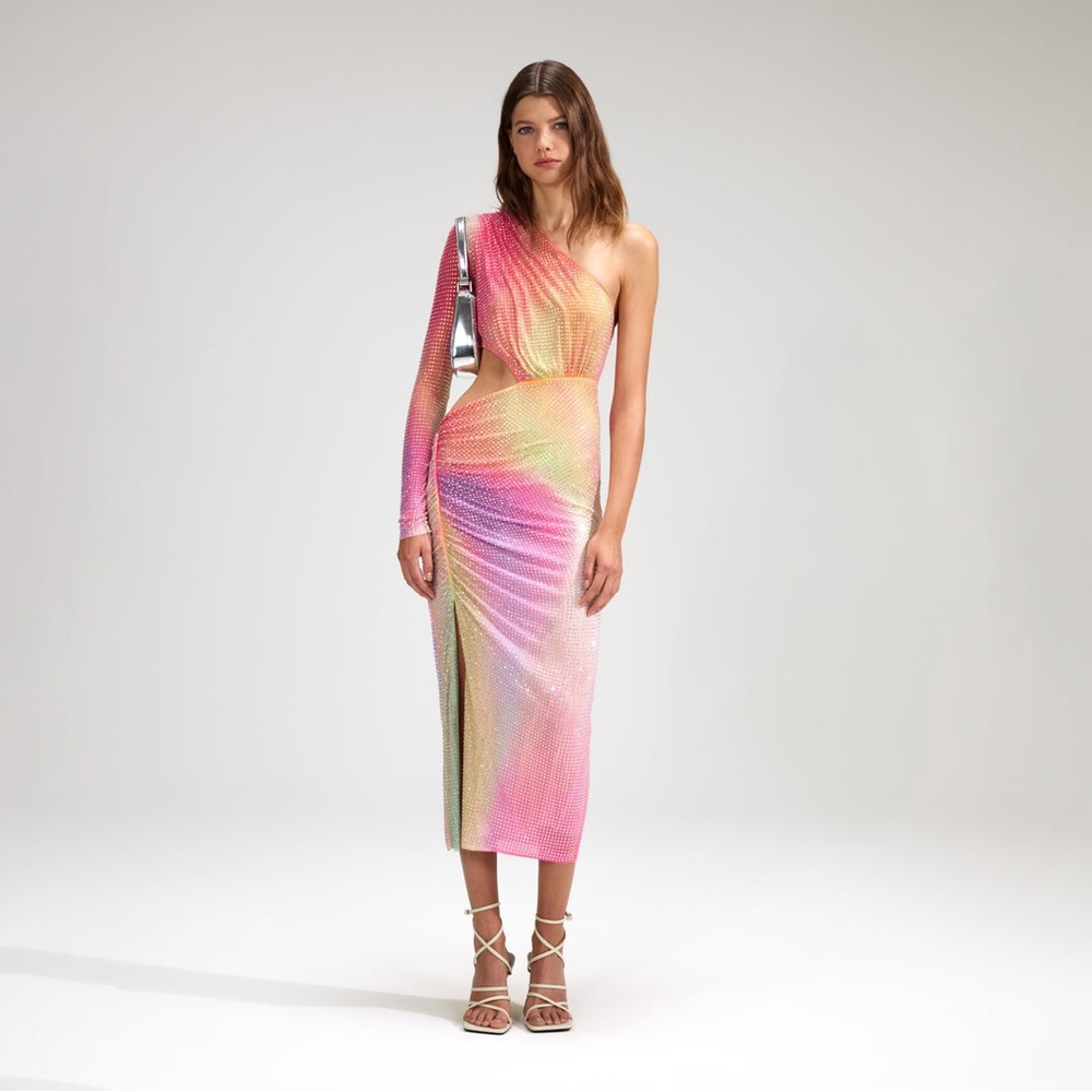 Self Portrait Printed Mesh Rhinestone Cutout Midi Dress - Size 2